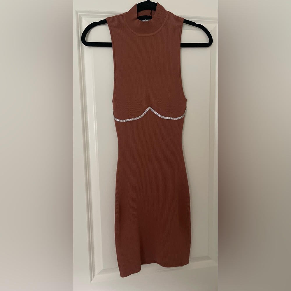 Bershka Brown Ribbed Bodycon Dress With Rhinestone Trim